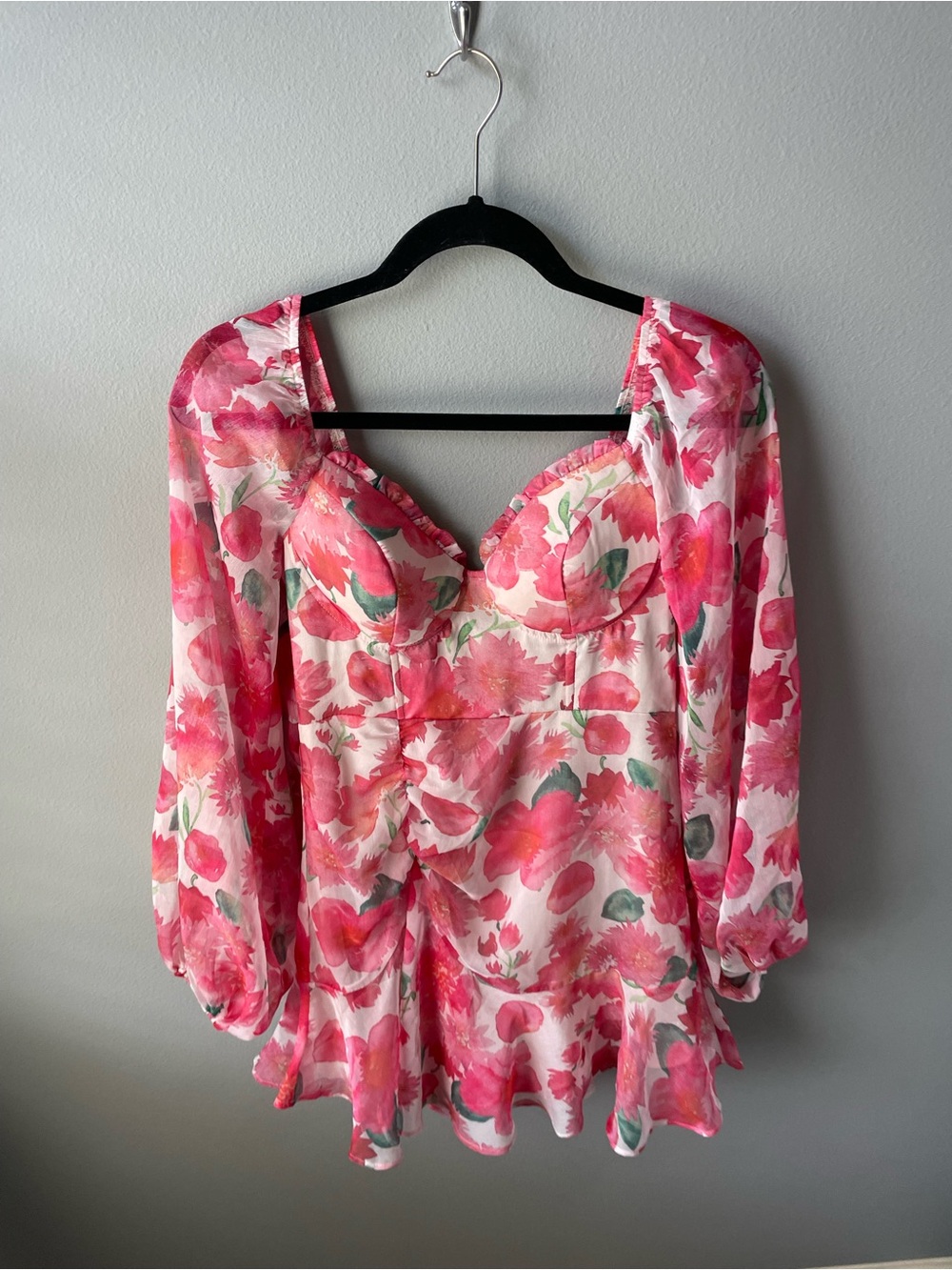Lena // Women’s Floral Minu Dress with Ruched Side, Long Sleeves, Ruffle Bottom